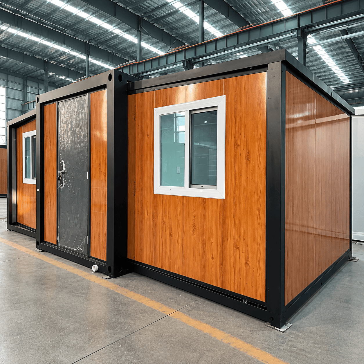 Casa Box 10ft erweiterbares Containerhaus | Holzpaneel mit schwarzem Rahmen, modernes, rustikales Fertighaus