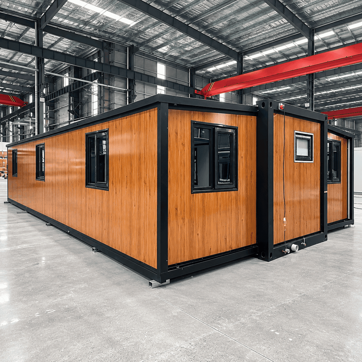 Casa Box 40ft erweiterbares Containerhaus | Schwarzer Rahmen, gl&auml;nzendes Holz