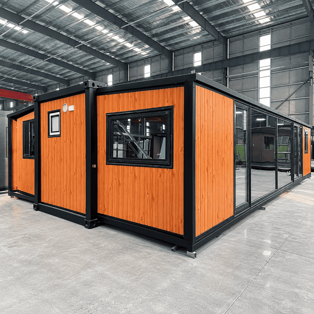 Casa Box 40 Fu&szlig; erweiterbares Containerhaus | Vertikal geriffelte Holzfassade, hochwertiges architektonisches Fertighaus