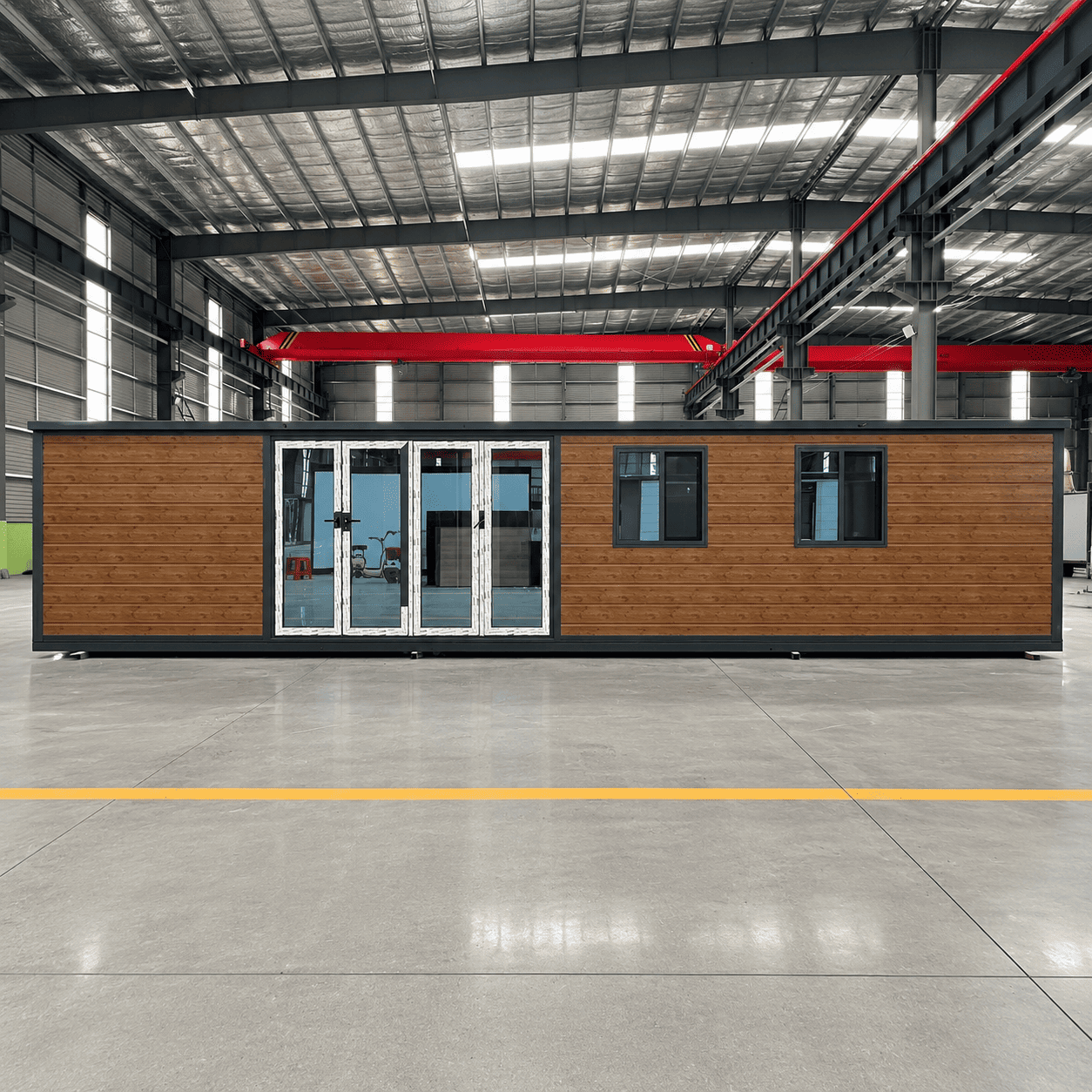 Casa Box 40 Fu&szlig; erweiterbares Containerhaus | Holzverkleidung und gro&szlig;e Glast&uuml;ren