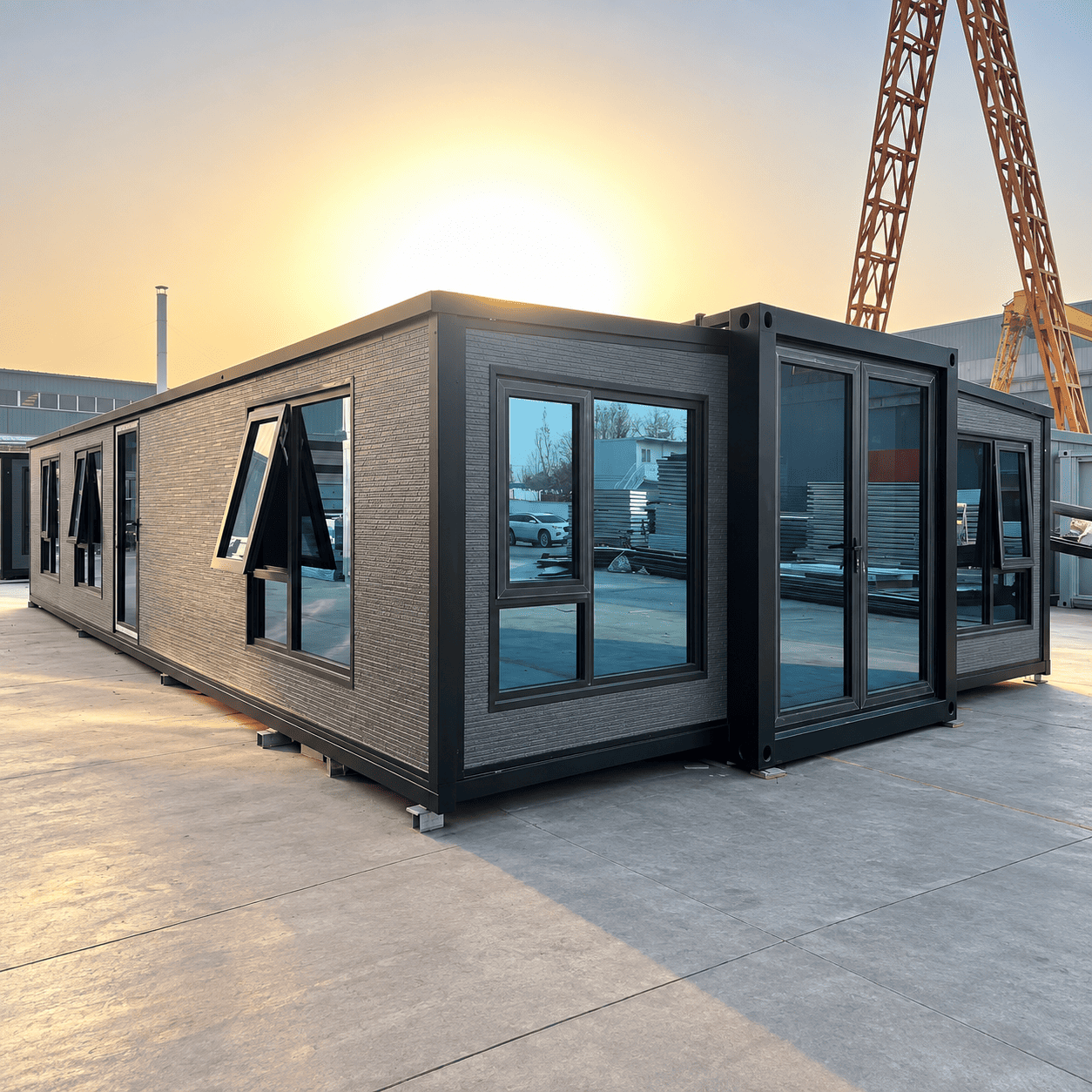 Casa Box 40 Fu&szlig; erweiterbares Containerhaus | Graue strukturierte Verkleidung f&uuml;r 3 Schlafzimmer